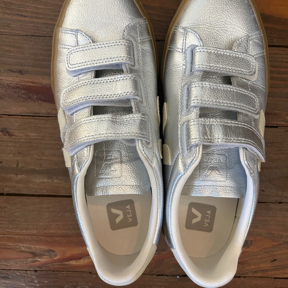 Veja Women's Metallic Silver Velcro Sneakers
